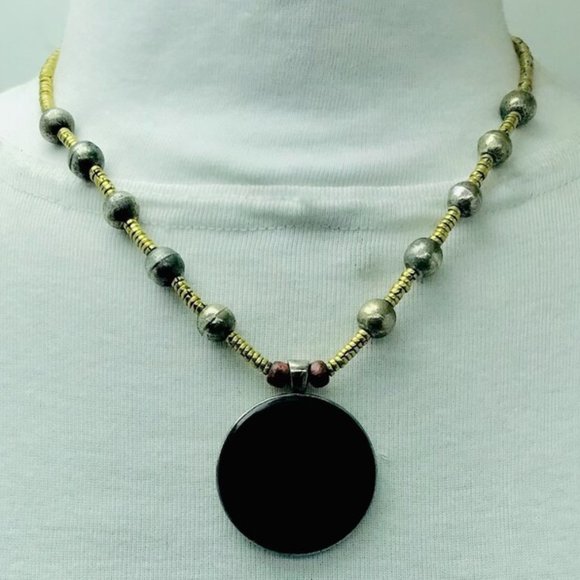 Metal And Wooden Beaded Chain Pendant Necklace, Handmade Light Weight Pendant - Picture 3 of 8